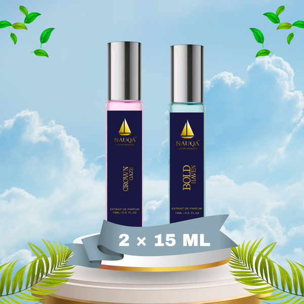 NAUQA™ Perfume Combo – Crown Gaze (Women) & Bold Haven (Unisex) | Luxury Long Lasting Extrait de Parfum | 2 x 15ml Travel Size