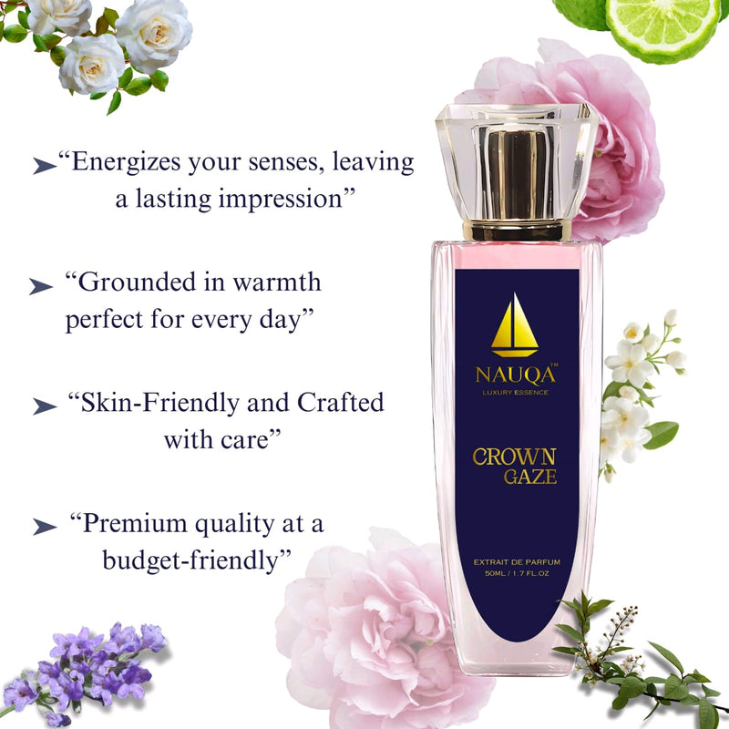 NAUQA™ CROWN GAZE – Luxury Long Lasting Perfume for Women | Floral & Musky Extrait de Parfum | Elegant Premium Gift for Her(50ml)
