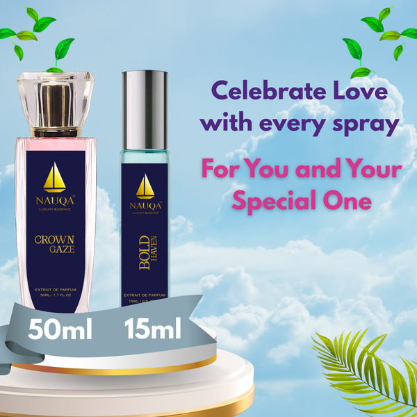 NAUQA Perfume Combo – Crown Gaze (50ml) for Women & Bold Haven (15ml) Unisex | Luxury Long Lasting Extrait de Parfum Set.