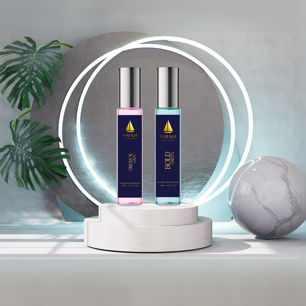 NAUQA™ Perfume Combo – Crown Gaze (Women) & Bold Haven (Unisex) | Luxury Long Lasting Extrait de Parfum | 2 x 15ml Travel Size