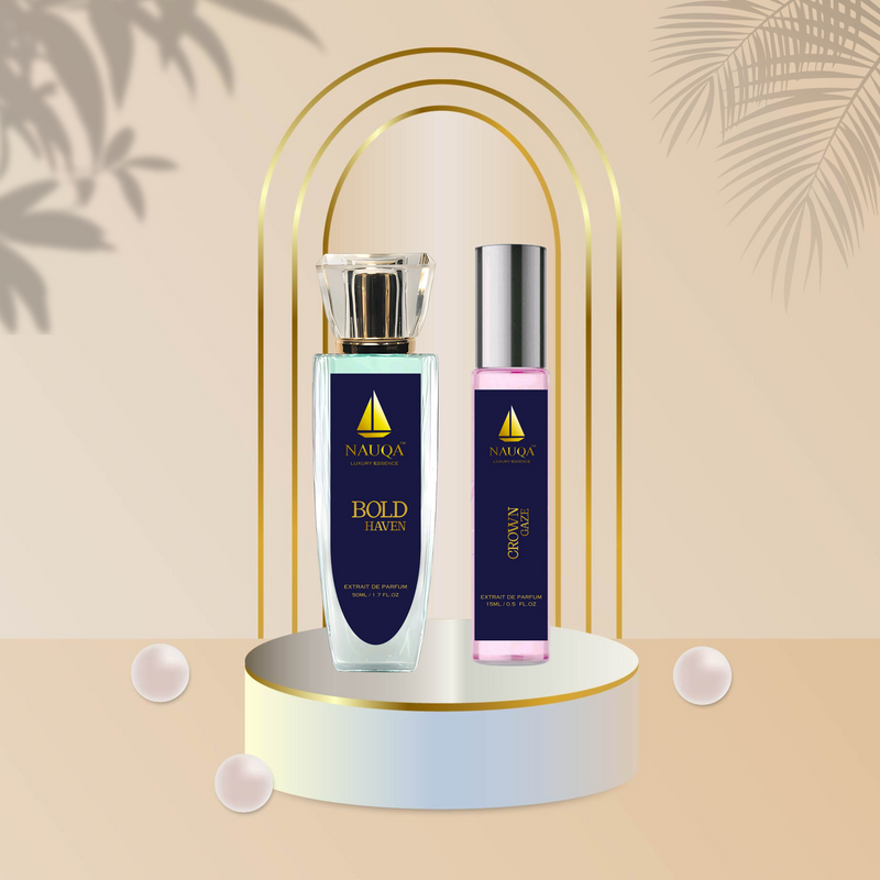 NAUQA™ Perfume Combo – Bold Haven (50ml) Unisex & Crown Gaze (15ml) for Women | Luxury Long Lasting Extrait de Parfum Set
