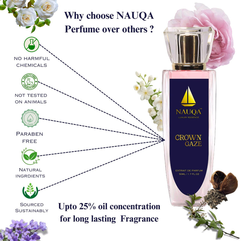 NAUQA™ CROWN GAZE – Luxury Long Lasting Perfume for Women | Floral & Musky Extrait de Parfum | Elegant Premium Gift for Her(50ml)