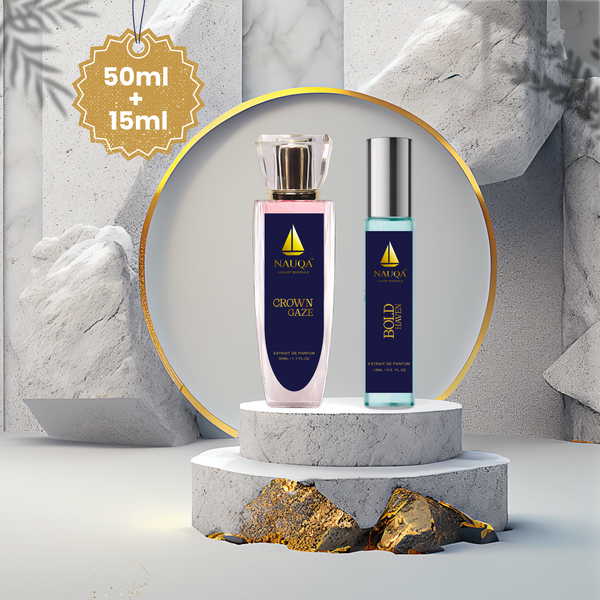NAUQA Perfume Combo – Crown Gaze (50ml) for Women & Bold Haven (15ml) Unisex | Luxury Long Lasting Extrait de Parfum Set.