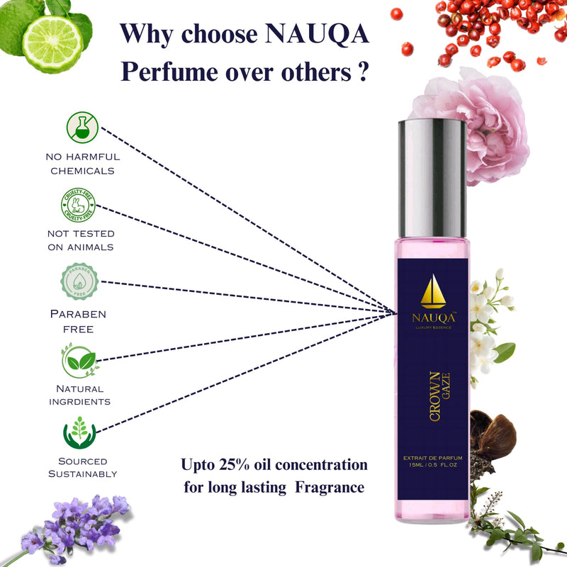 NAUQA™ CROWN GAZE – Luxury Long Lasting Perfume for Women(15ml) | Floral & Musky Extrait de Parfum | Elegant Premium Gift for Her